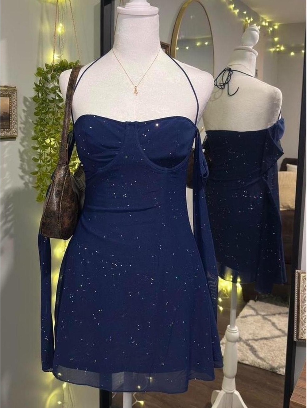 Navy Glitter Mesh Mini Dress ✨